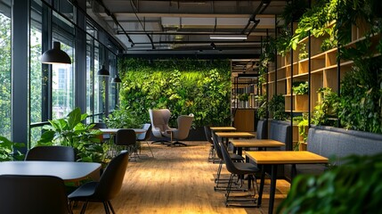 Naklejka premium Contemporary office backdrop with natural illumination and lush greenery. Workspace photography. Sustainable office concept. Design principles for eco-friendly workplaces. 
