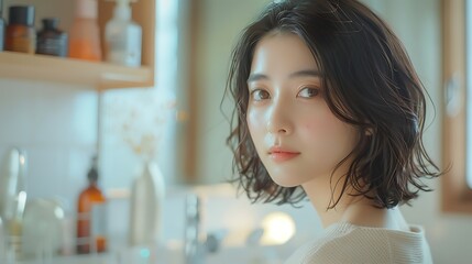 Japanese model using skincare products in front of a mirror, soft natural light, relaxed expression, hd quality, natural look, stylish bathroom, smooth skin, focused reflection,