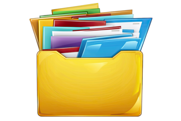 A vibrant yellow folder filled with colorful paperwork, representing organization and productivity in an office setting.