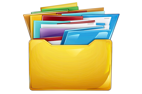 A vibrant yellow folder filled with colorful paperwork, representing organization and productivity in an office setting.