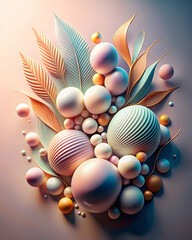 Pastel Dreamland: A 3D render of a whimsical landscape of pastel-colored spheres, delicate foliage, and playful textures, evoking a sense of childlike wonder. 