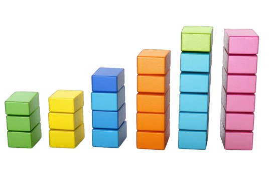 Colorful growth chart made of block stacks, representing data analysis and business progress visually.