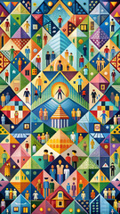 Urban Tapestry: A vibrant geometric illustration depicting a diverse community in a bustling city, showcasing the interconnectedness of urban life. 