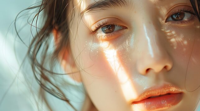 Japanese model’s glowing skin in close-up, bathed in natural sunlight, smooth and flawless texture, serene and tranquil expression, hd quality, natural look, clean and minimalist background,