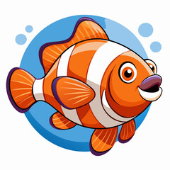 Cartoon Orange and White Striped Clownfish Swimming in Blue Circle
