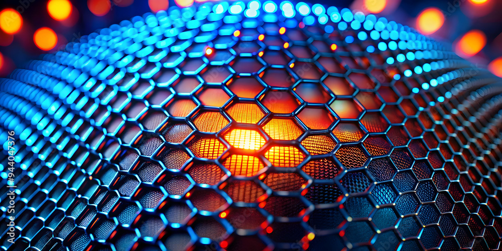 Poster glowing hexagonal network: a vibrant, abstract composition of a hexagonal lattice illuminated with g