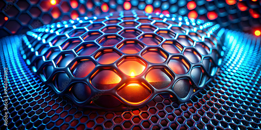 Poster glowing hexagonal network: a vibrant, abstract composition of a hexagonal lattice illuminated with g