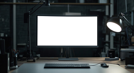 Fototapeta premium png, mockup, gray monitor on the table, transparent screen, office background