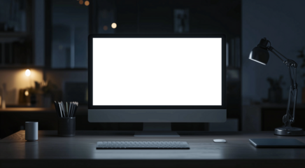 png, mockup, gray monitor on the table, transparent screen, office background