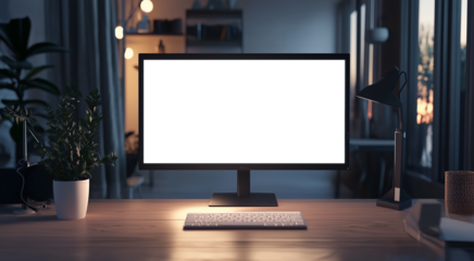 png, mockup, gray monitor on the table, transparent screen, office background