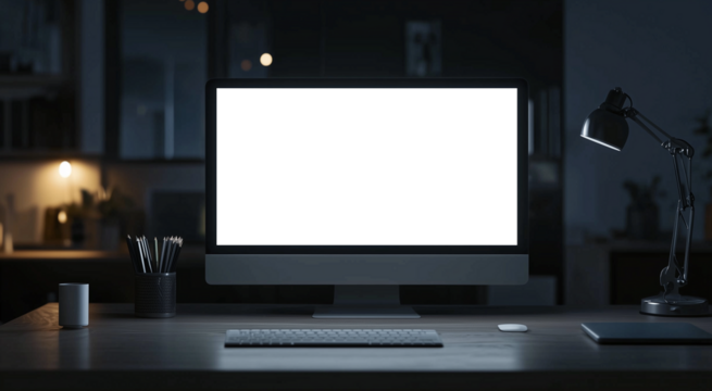 png, mockup, gray monitor on the table, transparent screen, office background