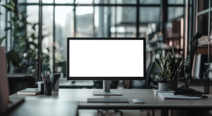 png, mockup, gray monitor on the table, transparent screen, office background