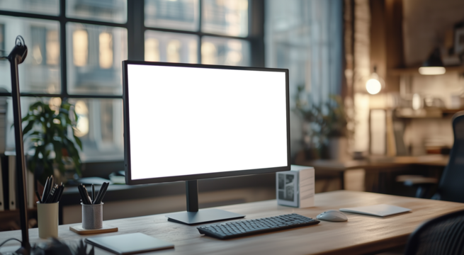 png, mockup, gray monitor on the table, transparent screen, office background