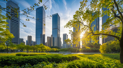 Obraz premium Tall and majestic skyscrapers in a modern city, showcasing the advanced architectural design and the dynamic growth of urban landscapes.