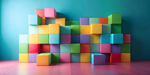 Abstract Colorful Cube Wall: A vibrant and dynamic composition of colorful cubes forming a textured wall, offering a playful and modern background for your design needs. 