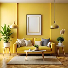 Free Photo Yellow Sofa in living room interior with copy space with sunny shadows generative ai
