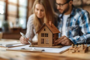 Real estate agent with a couple signing a mortgage agreement, focus on the hands and papers, miniature house as a symbol of their new home, welllit and positive, eyelevel view