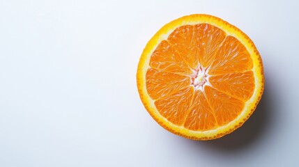 Fototapeta premium Orange fruit sliced in half with juicy textures, vibrant orange color, isolated on a clean white background, fresh and minimal concept.