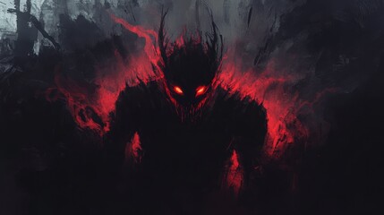 Fototapeta premium Dark and moody digital illustration of a demonic figure with glowing red eyes, set in a shadowy environment.