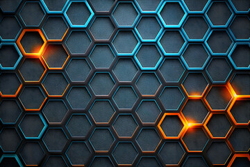 Fototapeta premium Cybernetic Honeycomb: A futuristic abstract background of glowing blue and orange hexagons on a dark metallic surface. 