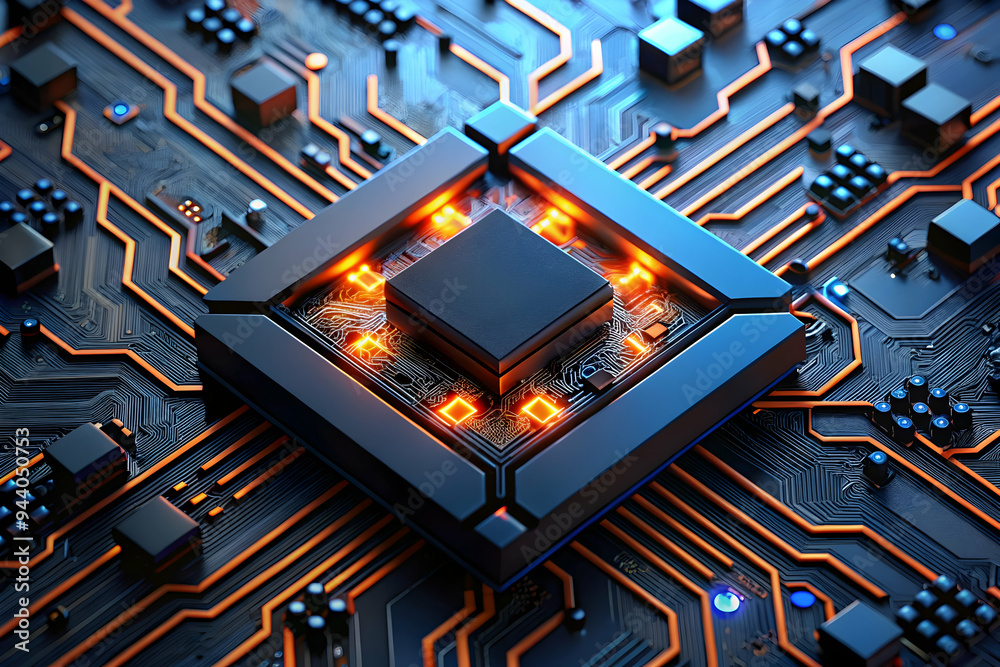 Poster quantum core: a futuristic cpu pulsates with raw processing power, illuminating a complex network of