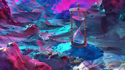 An hourglass in a huge terrain with blue and purple sand resting on a magenta stone