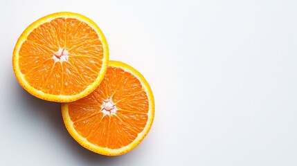 Orange fruit sliced in half with juicy textures, vibrant orange color, isolated on a clean white background, fresh and minimal concept.