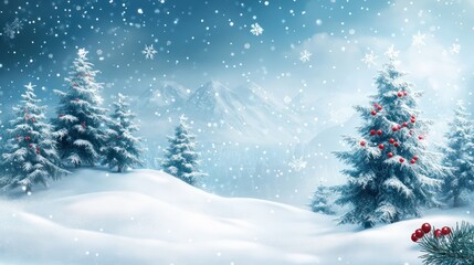 Fototapeta premium Merry Christmas and happy New Year greeting banner with Winter landscape with snow and Christmas trees, AI Generated