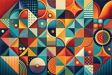 Geometric Abstract Art: A vibrant and visually captivating abstract art piece featuring a mosaic of geometric shapes, vibrant colors, and playful textures. The interplay of triangles, circles, 