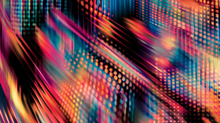 Blurred gradient colorful retro background, abstract glowing color stripes, lines and dots, black backdrop,  banner poster header design