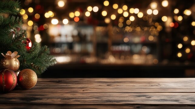 mesa de madera a modo de mostrador de productos, arbol de navidad y decoraciones navideÃ±as con fondo de bar o restaurante desenfocado con bokeh dorado. Concepto fondos navideÃ±os