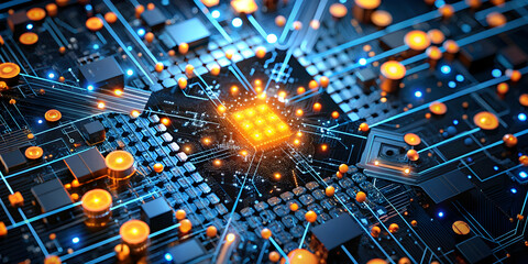 Obraz premium The Heart of Innovation: A vibrant, close-up view of a glowing central processing unit (CPU) surrounded by intricate circuits and connections, symbolizing the power and complexity of modern technology