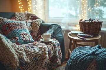 Cozy Winter Interior with Steam from a Cup of Hot Drink