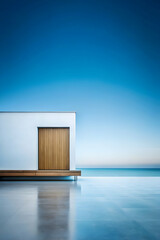 Minimalist Beach House: A sleek, modern home with a wooden door stands on a concrete platform overlooking a serene ocean. The clear blue sky and minimalist design evoke a sense of tranquility and luxu