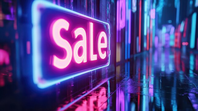 Neon "Sale" sign with a glowing 700% discount on a futuristic digital background.