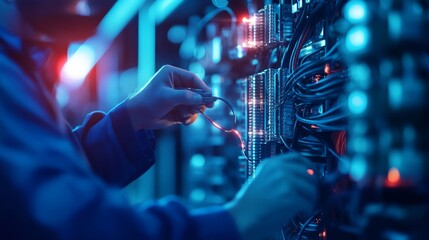 Fototapeta premium A technician works on network equipment, fixing cables and maintaining hardware in a dimly lit server room with blue lighting.