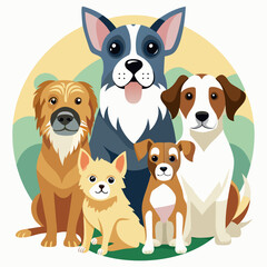 Five Dogs Sitting Together in a Circular Frame