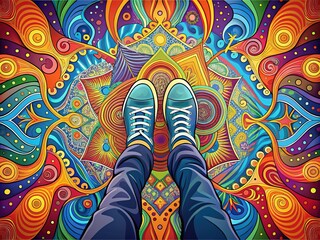 Obraz premium Colorful, abstract vector illustration of a pair of feet standing on a bright, swirly background with geometric shapes and patterns, conveying energy and creativity.
