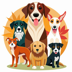 Naklejka premium Six Dogs of Different Breeds Standing Together