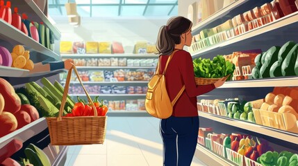 People in grocery supermarket with cartoon background, shelf inside shop and aisle with food on rack. Woman holding basket in mall gastronomy department with vegetable showcase.