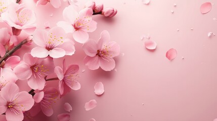 Pink spring background with delicate spring flowers with copy space. Product promotion, template, mockup, cosmetics, sales background.