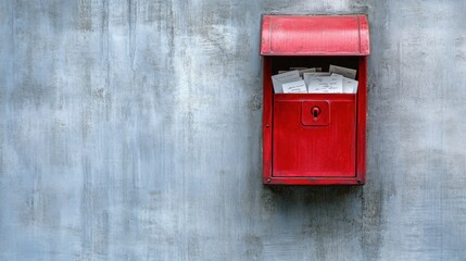 Bright red mailbox with several letters peeking out, standing prominently against a neutral-colored backdrop.