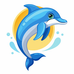 A Cartoon Blue Dolphin Jumping Over a Yellow Circle with Water Splashes