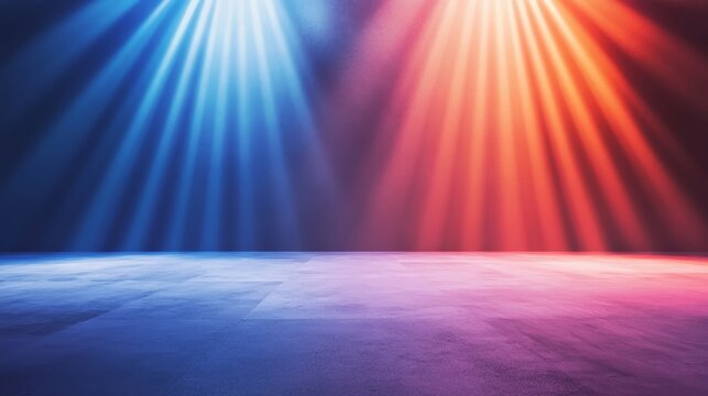 Concert stage with a burst of light rays, vibrant colors, energetic and lively atmosphere