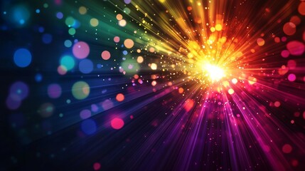 Naklejka premium Dazzling light rays fanning out from a central source, rainbow colors, dramatic concert setting, vibrant and energetic