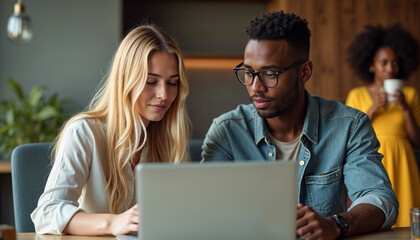 A young Caucasian woman with long blonde hair and a young African American man with glasses, both looking at a laptop computer together