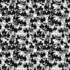 Ghostly Halloween Haunted Village Seamless pattern vector illustration Black and White Spooky Houses, Ghosts, and Bats on Gray Background for Festive Holiday Designs great for Halloween decor, textile