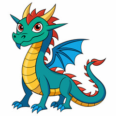 Fototapeta premium Cartoon Illustration of a Blue Dragon with Yellow and Red Details