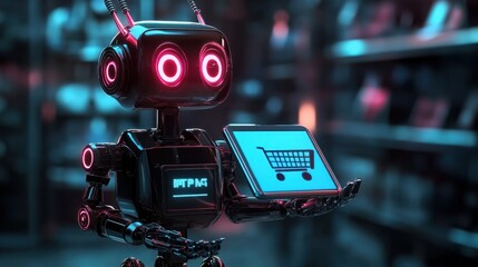 Robot holds the tablet and virtual shopping cart. Future of shopping with innovative virtual shopping assistant. Digitization of selling process. E-commerce digital and virtual scene.