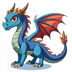 Cartoon Blue Dragon with Orange Horns and Red Wings